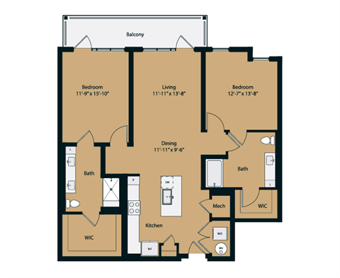 Floor plan for 2 beds, 2 baths, 1320 sqft